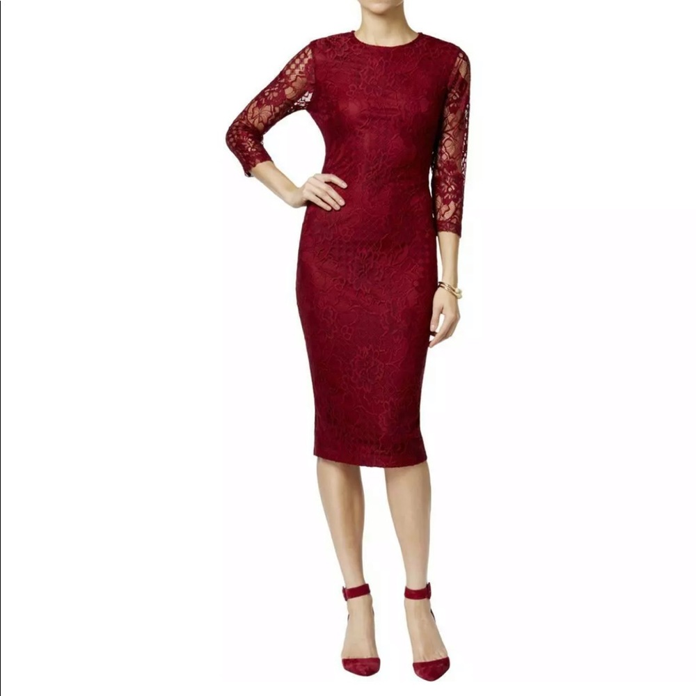 Jessica Simpson red lace midi sheath dress
